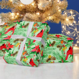 Papel De Presente Ramos de pinheiro Poinsettia cones robin Cardinals