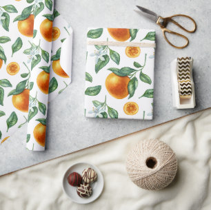 Papel De Presente Ramos de Tangerina, Folhas e Flores 