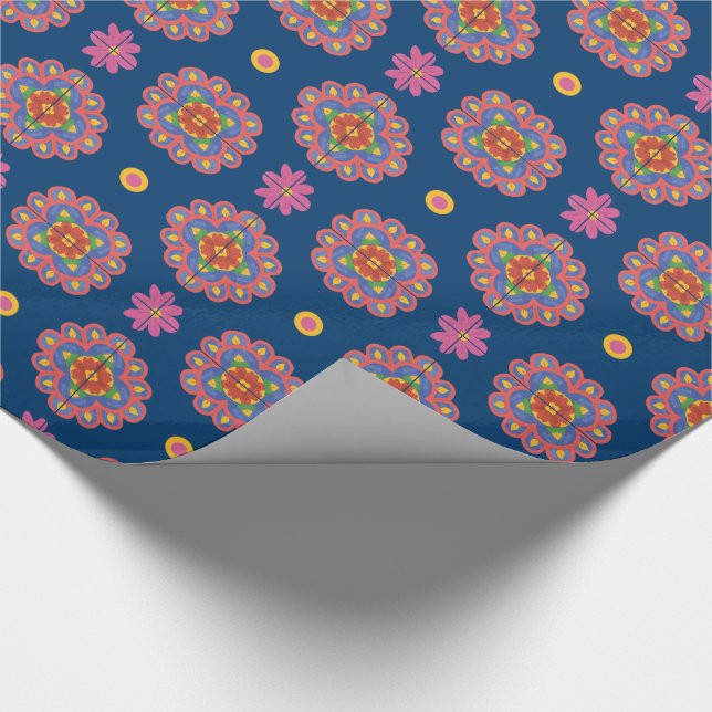 Papel De Presente Rangoli, Flores e Bolinhas em Blue Giftwrap (Ponta)