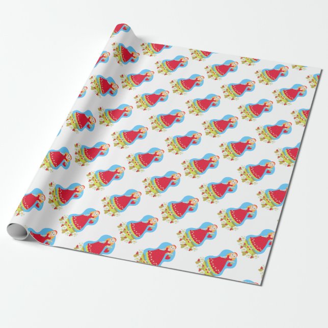Papel De Presente Rapariga com morangos e flores (Desenrolado)