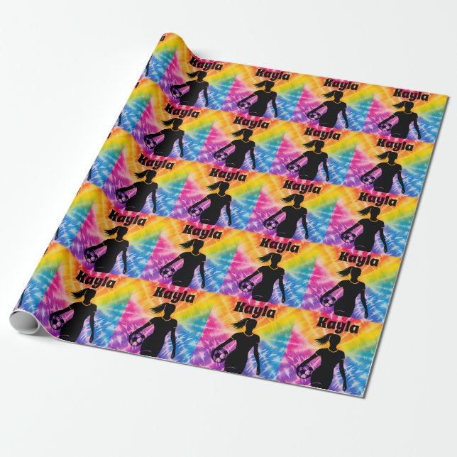 Papel De Presente Rapariga de futebol personalizada Tie Dye Rainbow  (Desenrolado)