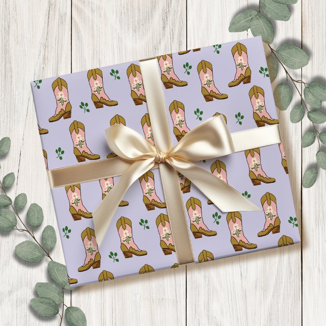 Papel De Presente Rapariga do Sul bota Aniversário (Cute girly wrapping paper featuring blush pink and brown  cowgirl boots on a baby blue background.)