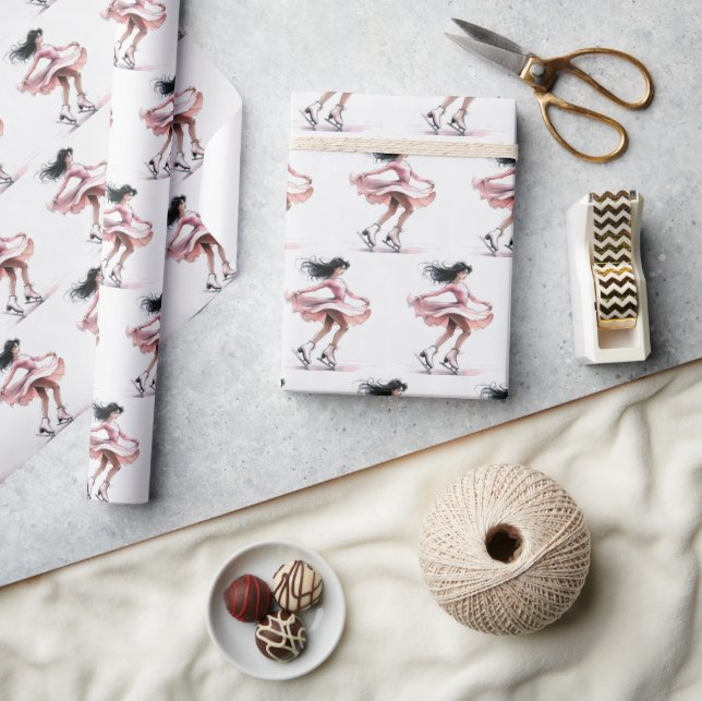 Papel De Presente Rapariga Figura Skater Com Skates De Gelo Rosa (Artesanato)