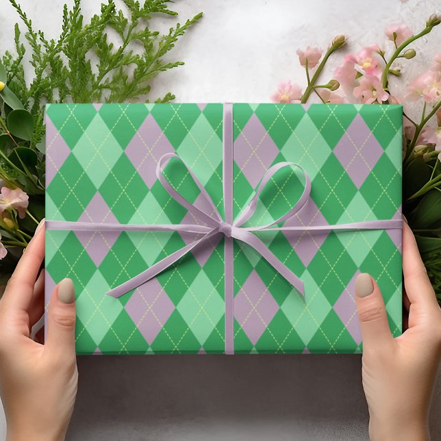 Papel De Presente Rapariga-Padrão de Estilo Verde e Roxo Elegante (Cute Green & Purple Argyle Pattern. Childrens Birthdays, St Patrick's Day. Green & Purple Diamonds.)