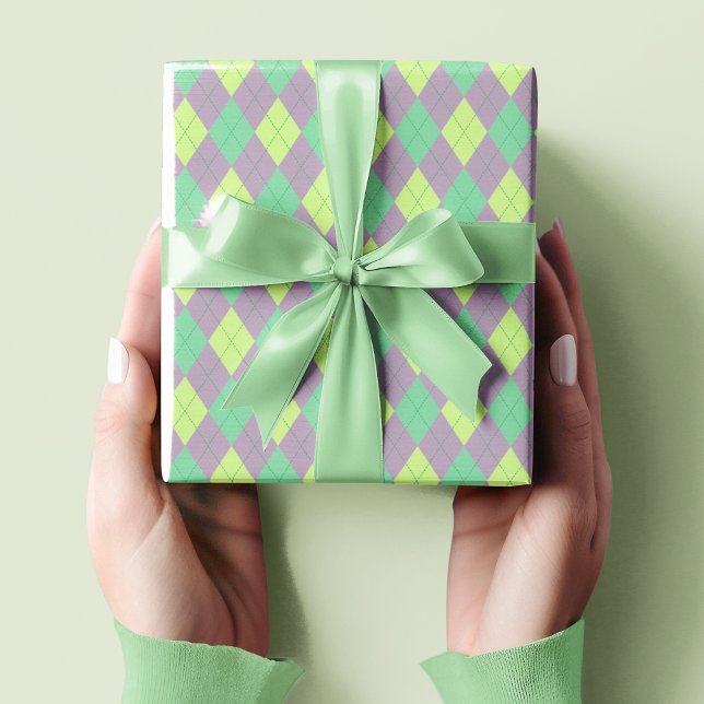 Papel De Presente Rapariga-Padrão de Estilo Verde e Roxo Elegante (Cute Green, Purple and Lime Argyle Pattern. Childrens Birthdays, St Patrick's Day. Diamonds Pattern)