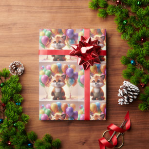 Papel De Presente Raposa bonita cercada por balões coloridos.