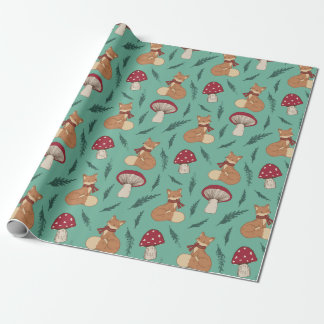 Papel De Presente Raposa Bonita com Cogumelos. Turquesa.