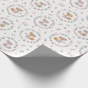 Papel De Presente Raposa de Queda Cura com flores de cor macia