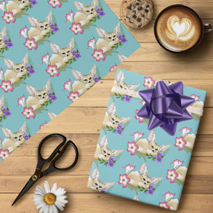 Papel De Presente Raposa Fennec Flores Rosa Roxo Fofo Boitanica Azul