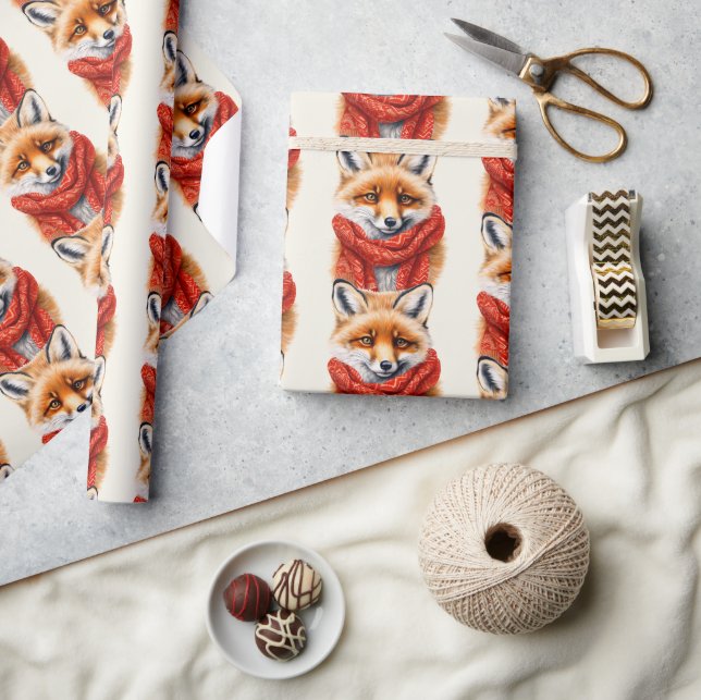Papel De Presente Raposa Fofa com um Padrão de Outono de Cachecol Ve (Artesanato)