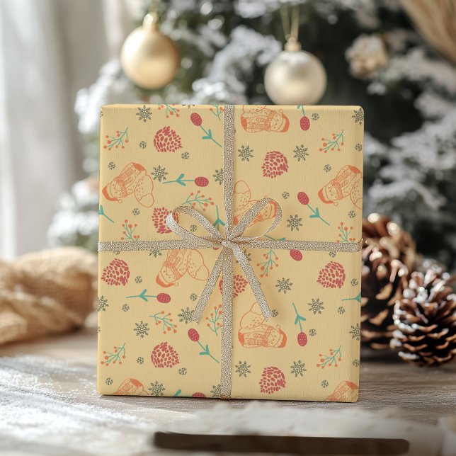 Papel De Presente raposa fofa - Frutas Vermelhas e Flocos de Neve –  (Criador carregado)