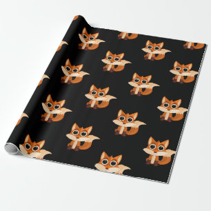 Papel De Presente Raposa Fofo Sentada em Fundo Preto Adorável
