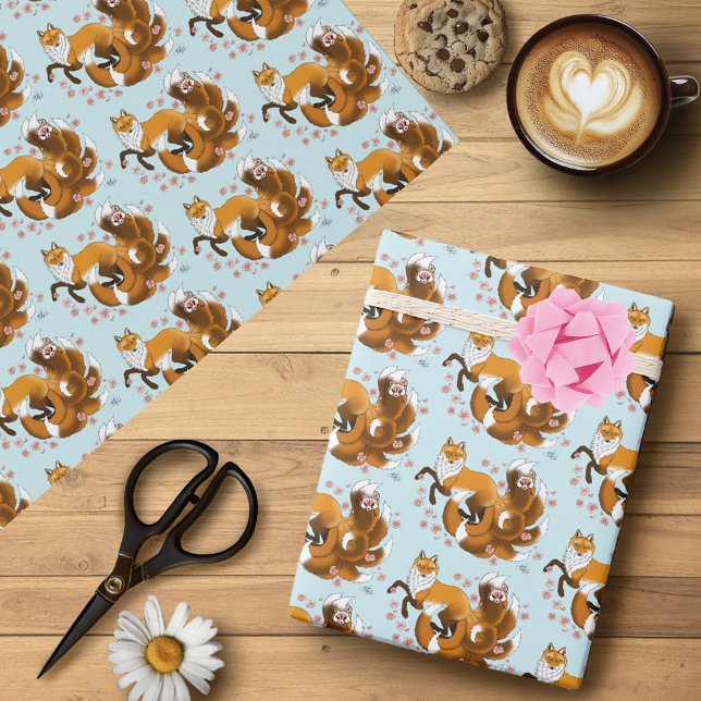 Papel De Presente Raposa Kitsune Caprichosa Flores de Cerejeira Azui (Criador carregado)