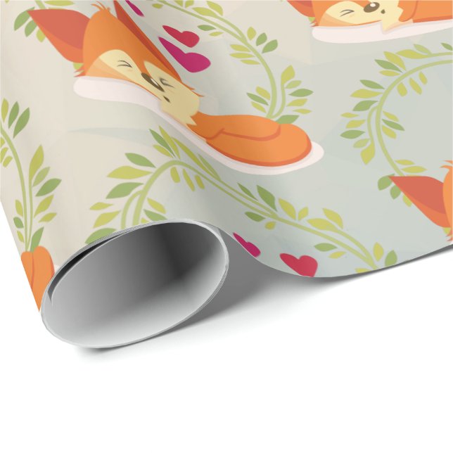 Papel De Presente Raposa Laranja com Corações Vermelhos e uma Vermel (Ponta do rolo)