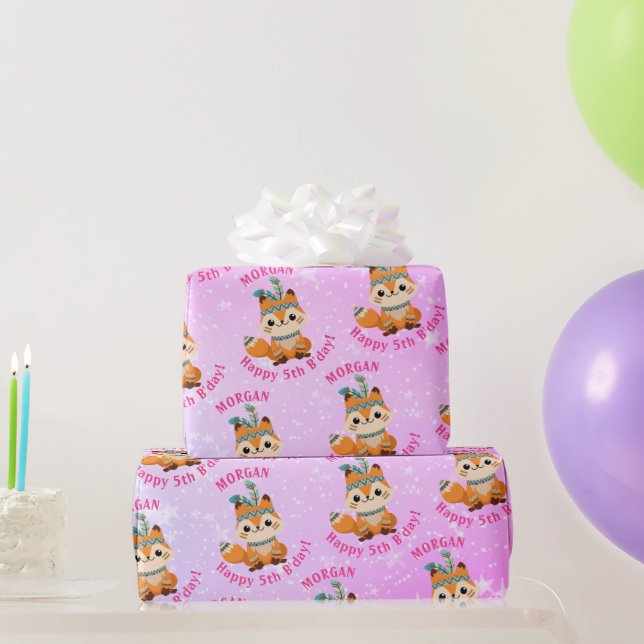 Papel De Presente Raposa, Nome e Aniversário, Rosa Pálido, Estrelas (Presentes para festas)