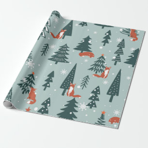Papel De Presente Raposas, abetos, neve, puxadas à mão. Costela co