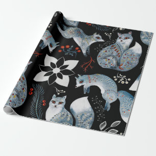 Papel De Presente Raposas azuis estilizadas com desenhos florais int