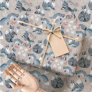 Papel De Presente Raposas Folclóricas Nórdicas | Floresta de Inverno
