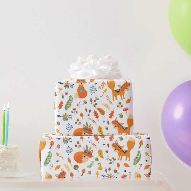 Papel De Presente raposas tribais agudas, elementos florais de outon (Presentes para festas)