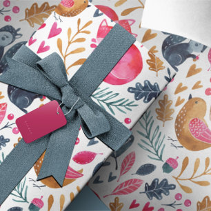 Papel De Presente Raposinha de Natal em Aquarela Florestal de Invern