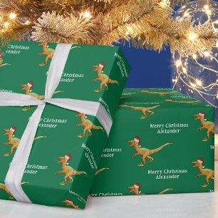 Papel De Presente Raptor do Dinossauro de Natal do Nome Personalizad