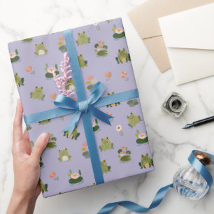 Papel De Presente Rãs e Folhas de Nenúfar em Cinza-Roxo Claro