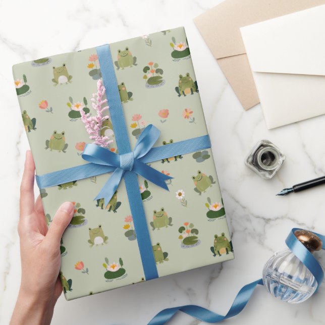 Papel De Presente Rãs e Folhas de Nenúfar em Verde Gim (Presentear)
