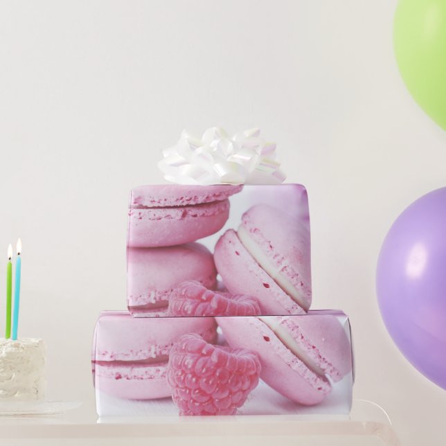 Papel De Presente Raspberry Macarons rosa Foto de pastelaria frances (Presentes para festas)