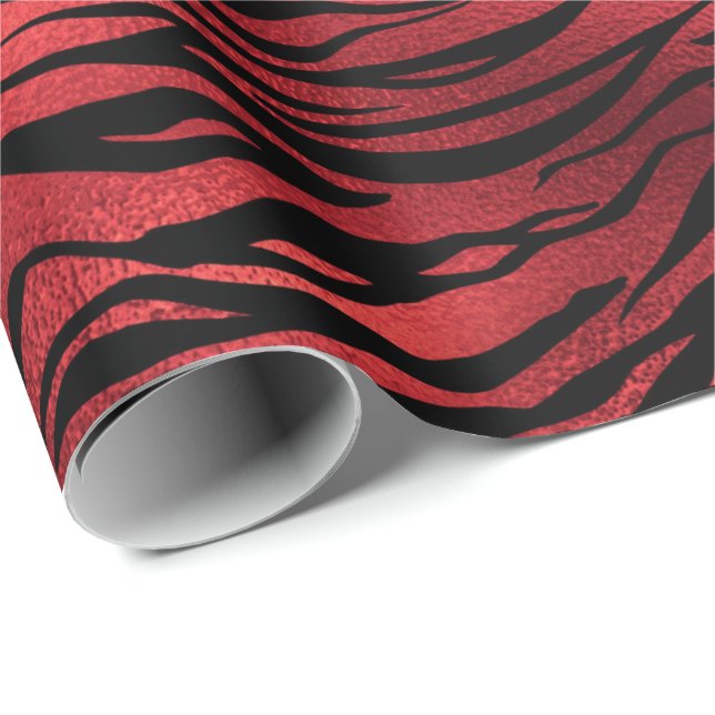 Papel De Presente Raspberry Ruby Black Tigre Animal Red Metálico (Ponta do rolo)