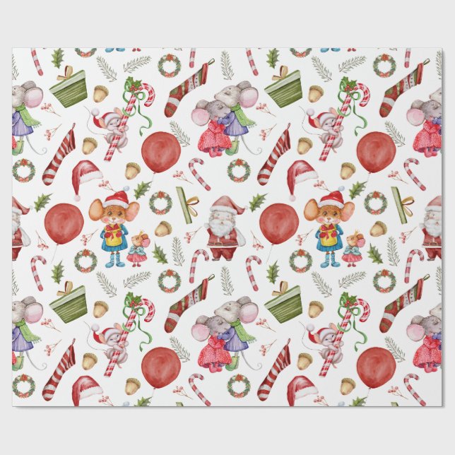 Papel De Presente Ratos de Natal em Aquarela Fofa (Aberto)