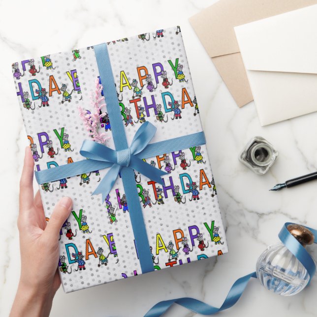 Papel De Presente Ratos divertidos de aniversário com bolinhas  (Presentear)