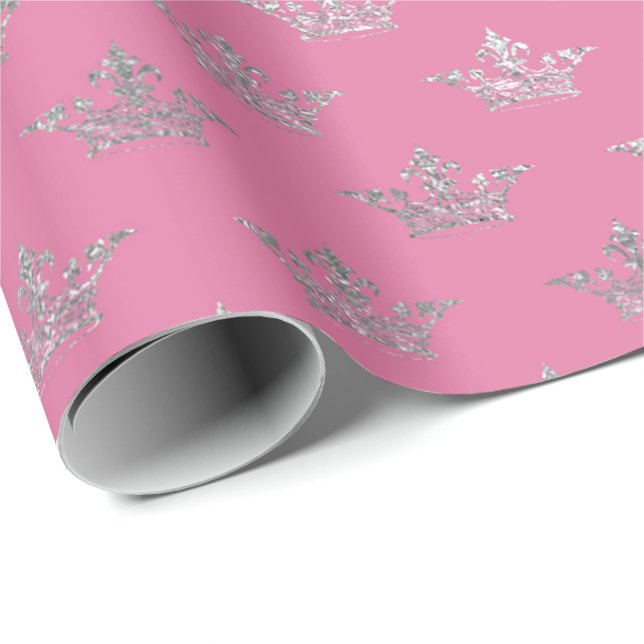 Papel De Presente Real Coroa Rosa Prata Floral Brilhante Vip (Ponta do rolo)