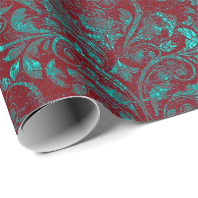 Papel De Presente Real Damask Cruzado Velvet Burgundy Turquoise Verm (Ponta do rolo)