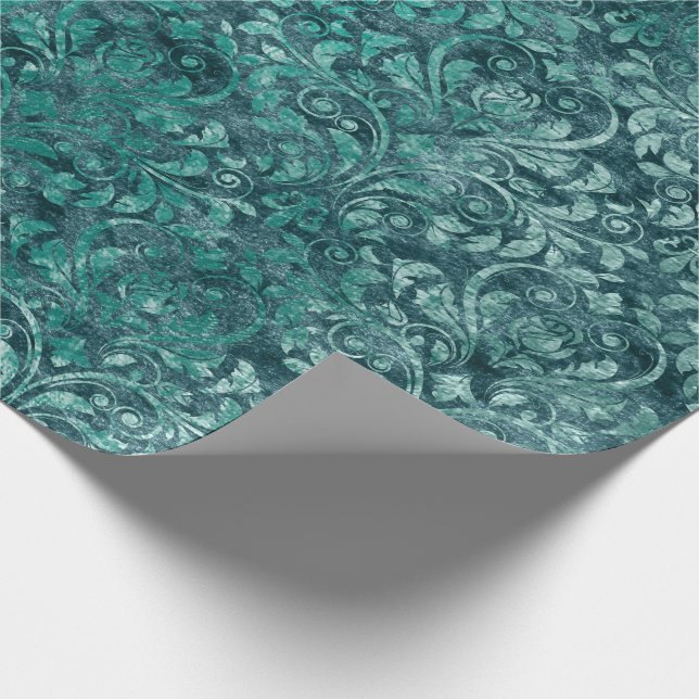 Papel De Presente Real Damask Esmagado Velvet Aquático Azul (Ponta)