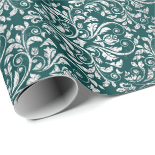 Papel De Presente Real Ornament Damask Teal Silver Vip