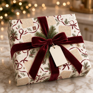 Papel De Presente Receita de Natal Vintage com Fita Burgundy Botânic