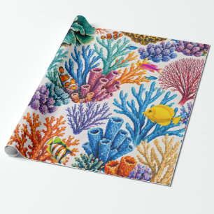 Papel De Presente Recife de Coral Colorido Peixe Tropical