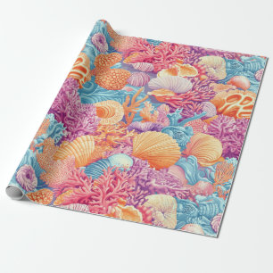 Papel De Presente Recife de Coral Tropical Turquesa Lavanda Marinho