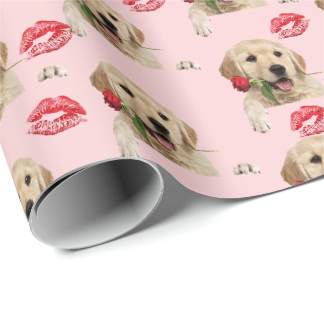 Papel De Presente Recuperador de ouros com rosa e beijos (Ponta do rolo)