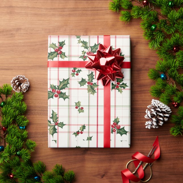 Papel De Presente Red and Green Holly (Presente de Natal)