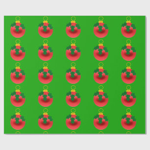 Papel De Presente Red and Holly Ornament on Green Wrappaper