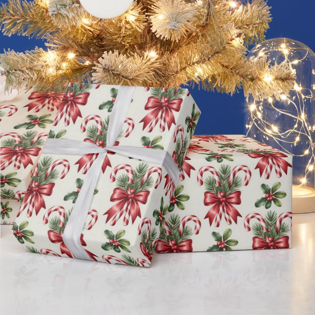 Papel De Presente Red and White Candy Cane Ribbon Christmas Pattern (Feriados)