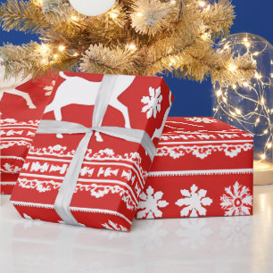 Papel De Presente Red and White Reindeer Floral Moderno Natal
