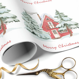 Papel De Presente Red Barn Green Winter Forest Pine Árvore de Natal