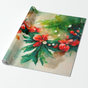 Papel De Presente Red Berries Greenery Christmas Floral Watercolor