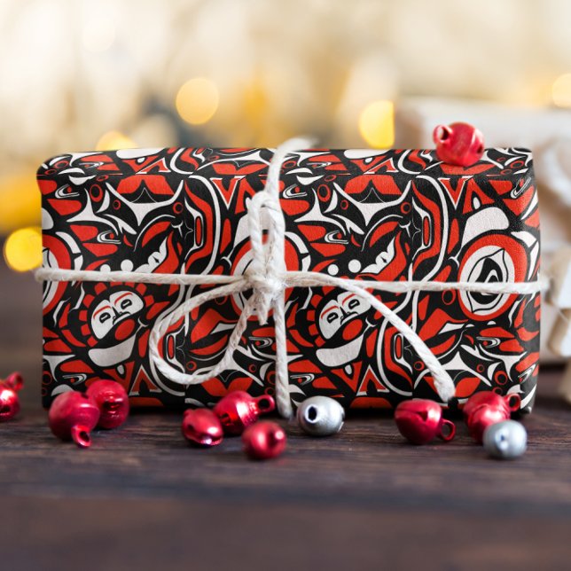 Papel De Presente Red Black White Abstract Haida Face Native Art (Criador carregado)