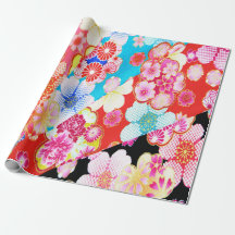 Red Blue Pink Japonês Kimono Floral Decoupage