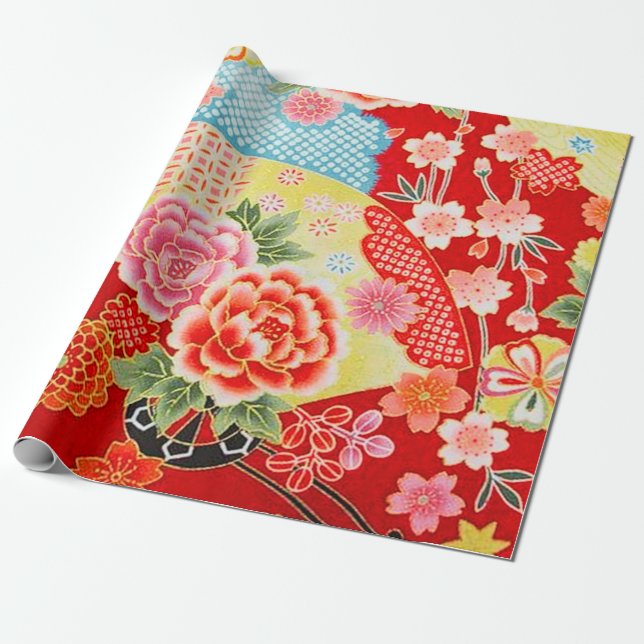 Papel De Presente Red Blue Yellow Japonês Kimono Floral Decoupage (Desenrolado)