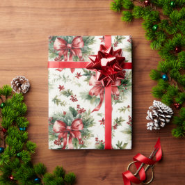 Papel De Presente Red Bows and Holly Leaves