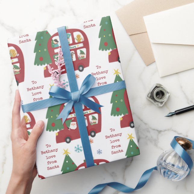 Papel De Presente Red Bus Tree Child Name Love Papai noel Natal (Presentear)